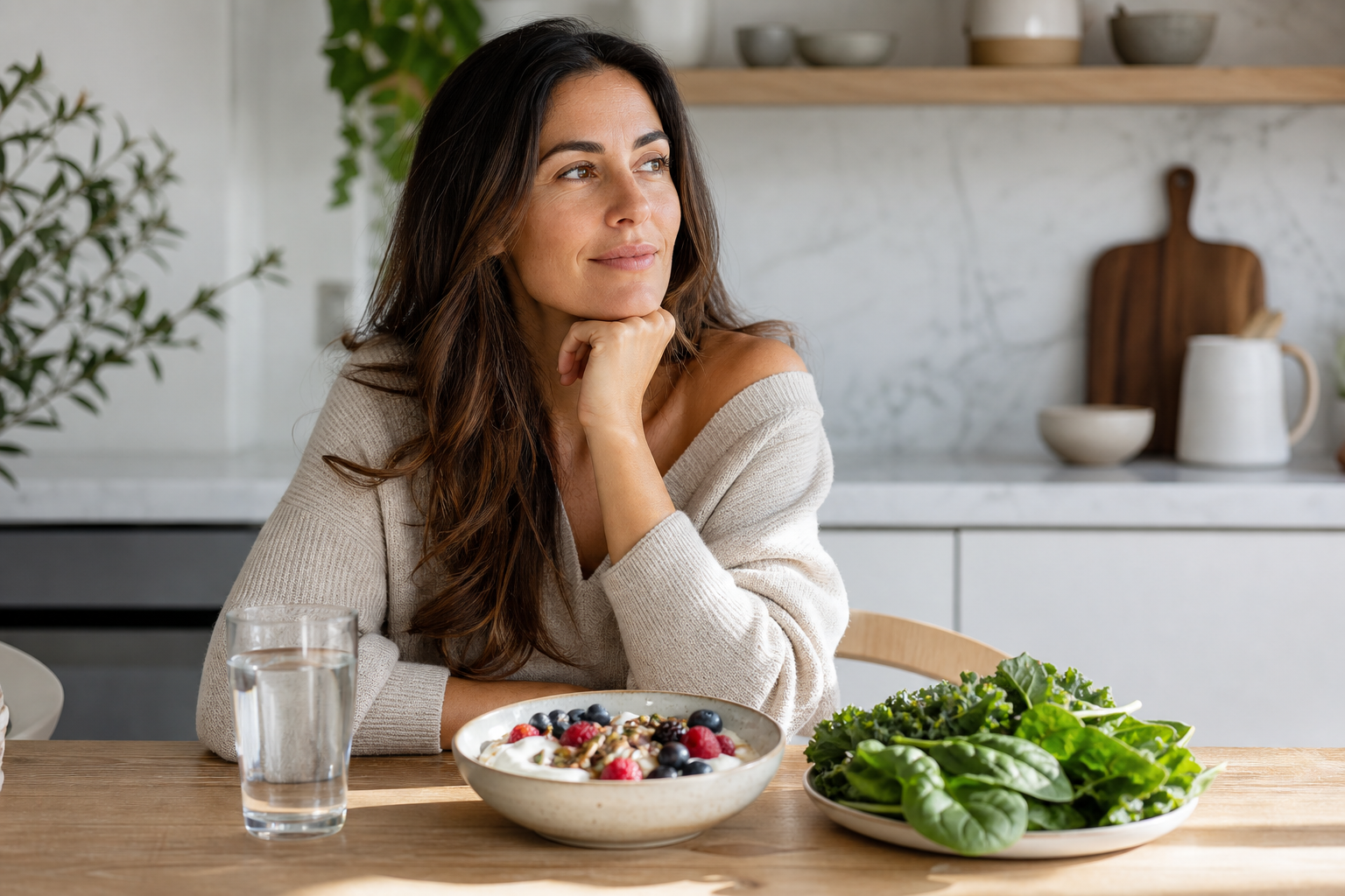 Woman at a sunlit table with gut-friendly foods in a modern home, reflecting whole-body wellness
