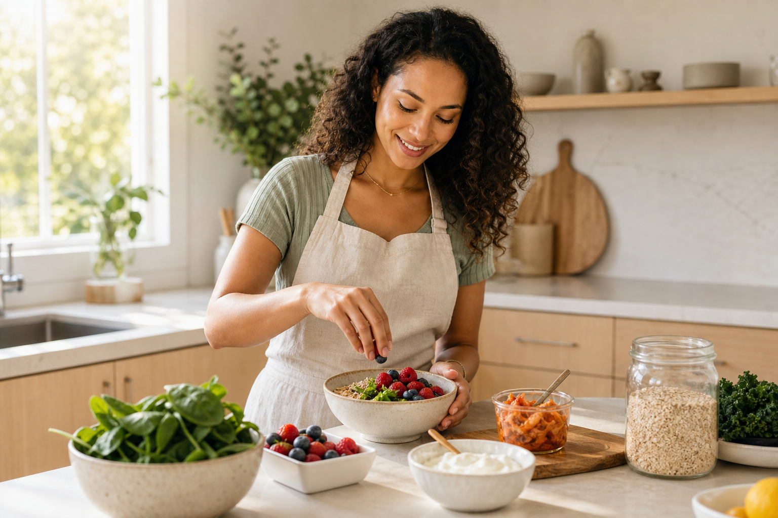 Woman preparing a gut-friendly, fiber-rich meal in a bright modern kitchen