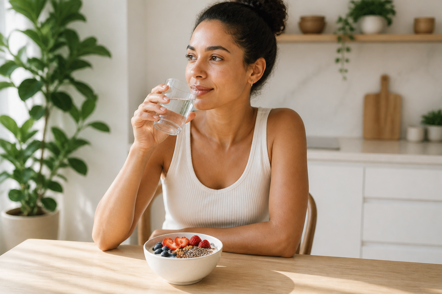 Bright wellness breakfast scene with water, yogurt, berries, and fresh ingredients on a modern table