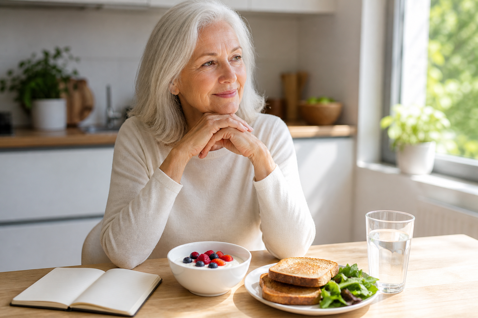 Older adult enjoying a healthy breakfast in a bright modern kitchen, wellness-focused editorial photo