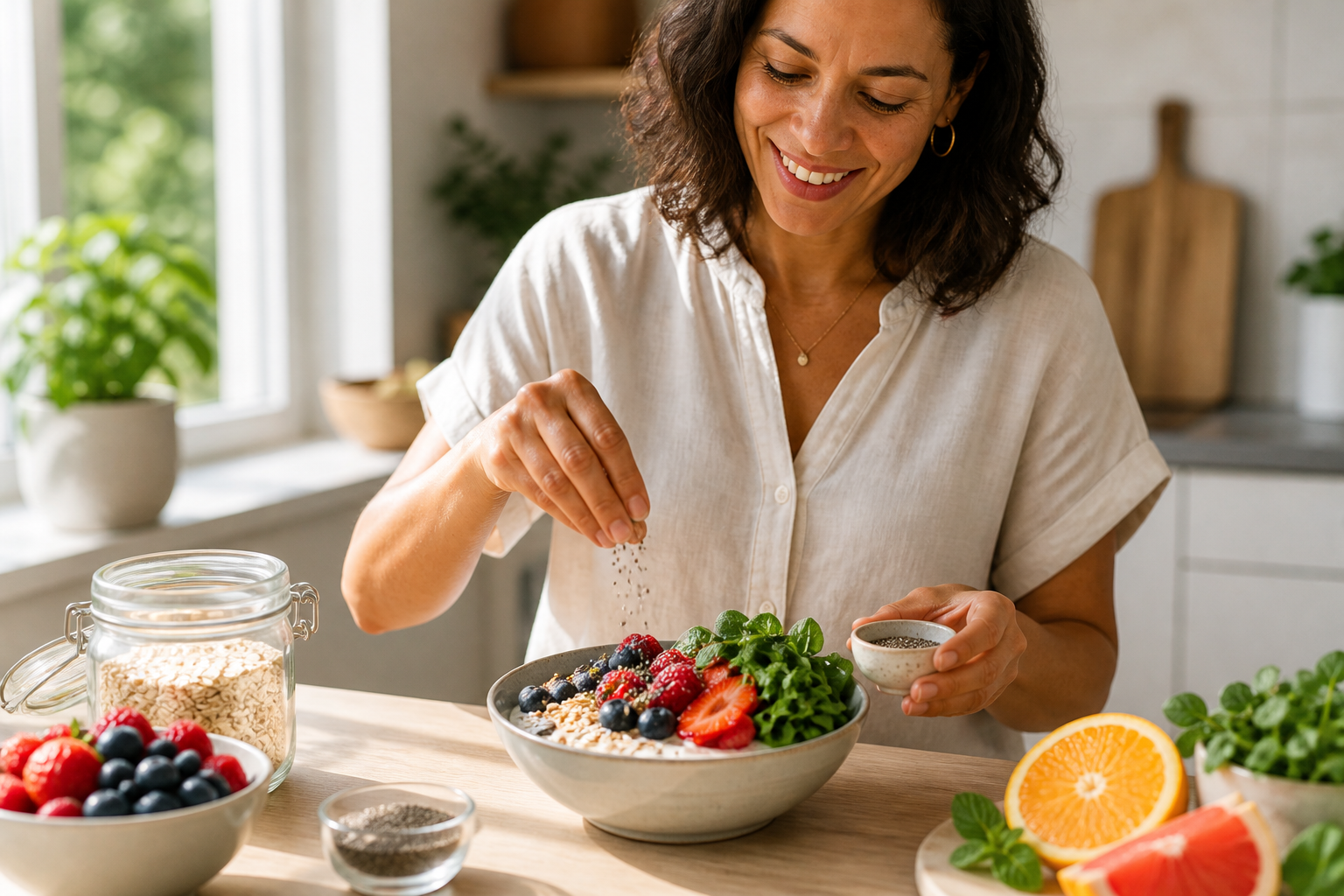Bright kitchen scene with a person preparing a gut-friendly breakfast bowl with fresh ingredients