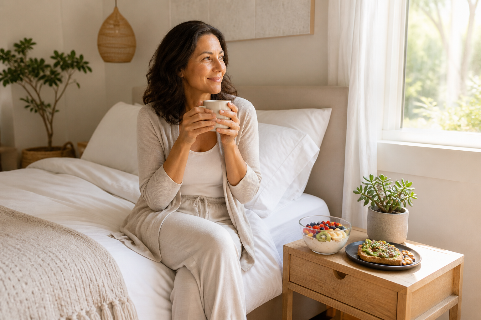 Sunlit wellness scene of a woman with breakfast by the bed, suggesting gut-brain-sleep balance