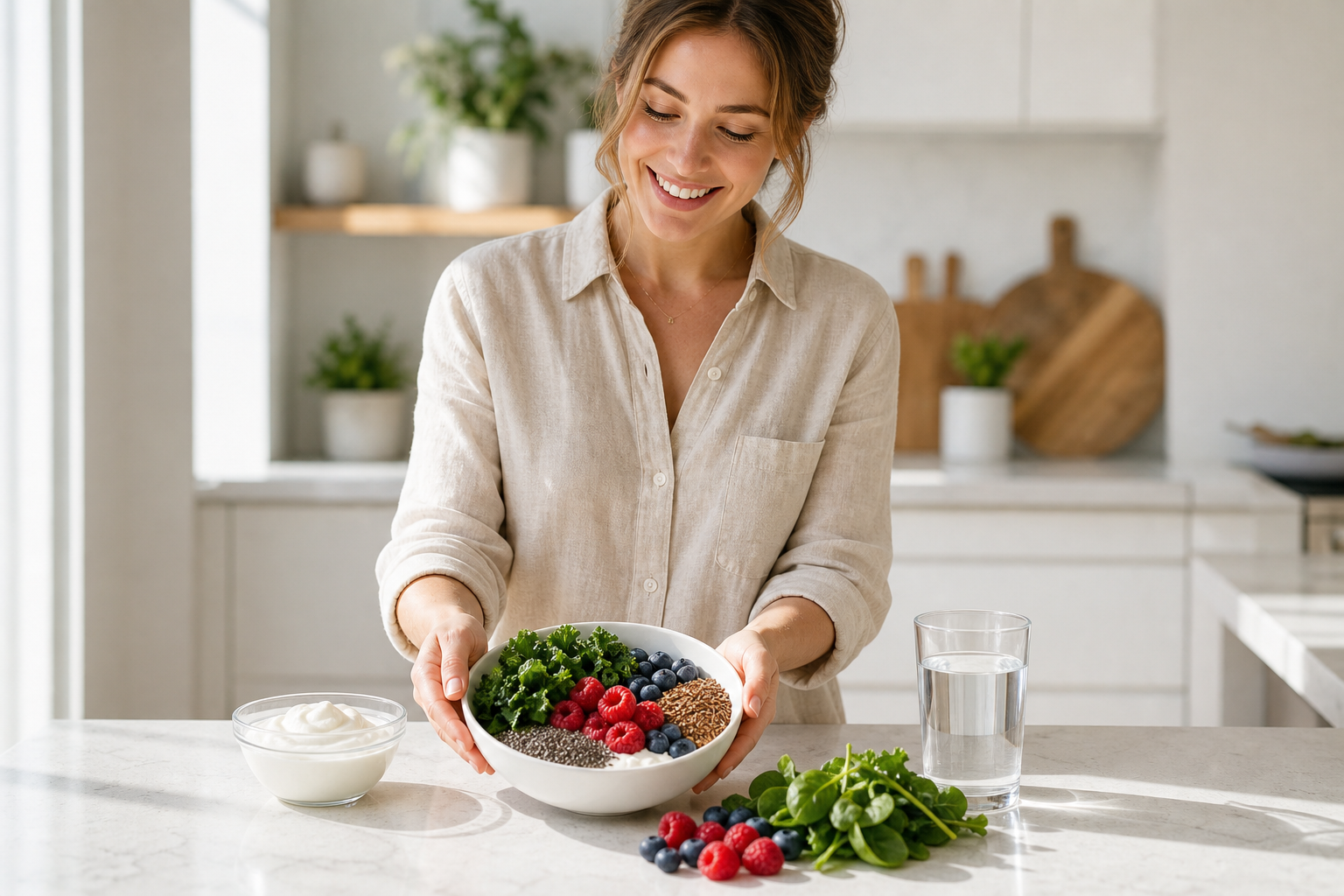 Woman preparing a colorful gut-friendly meal in a bright modern kitchen
