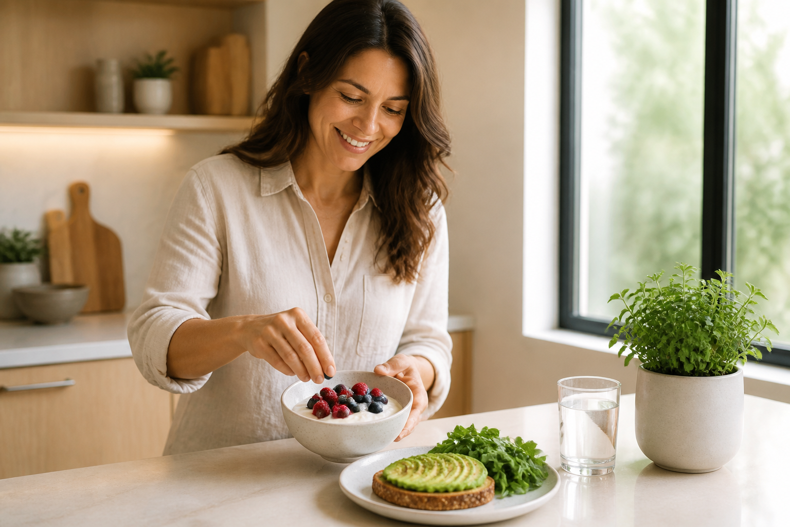 Bright wellness kitchen scene with gut-friendly breakfast, natural light, and healthy lifestyle styling