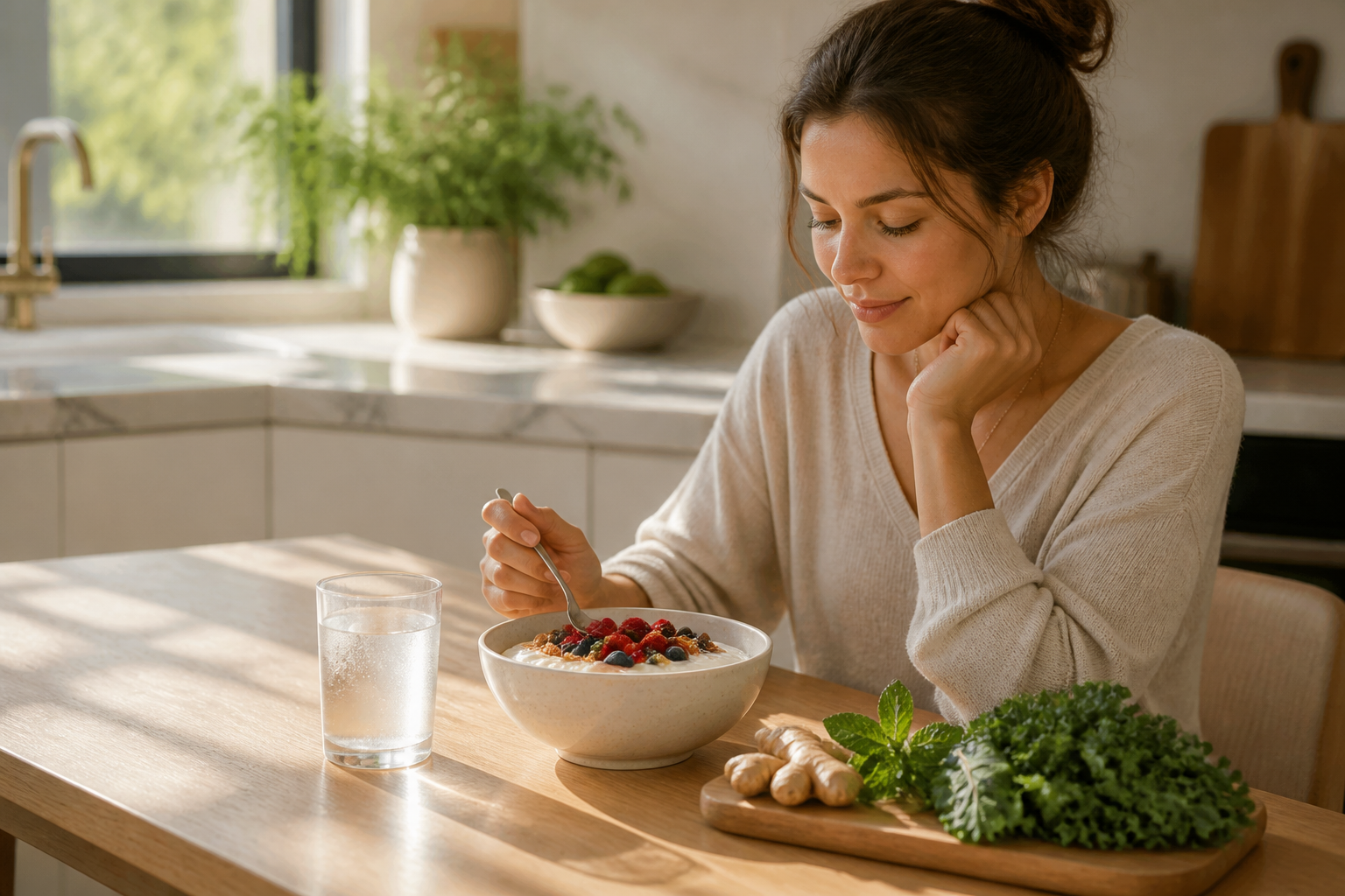 Bright editorial photo of a person enjoying a gut-friendly breakfast in a modern kitchen