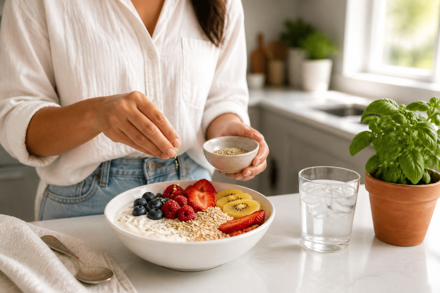 Bright wellness scene of a healthy breakfast bowl with yogurt, berries, oats, and seeds on a modern table