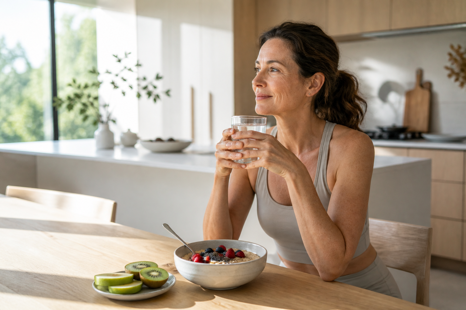 Bright kitchen scene of a woman enjoying a healthy breakfast and water for everyday gut wellness