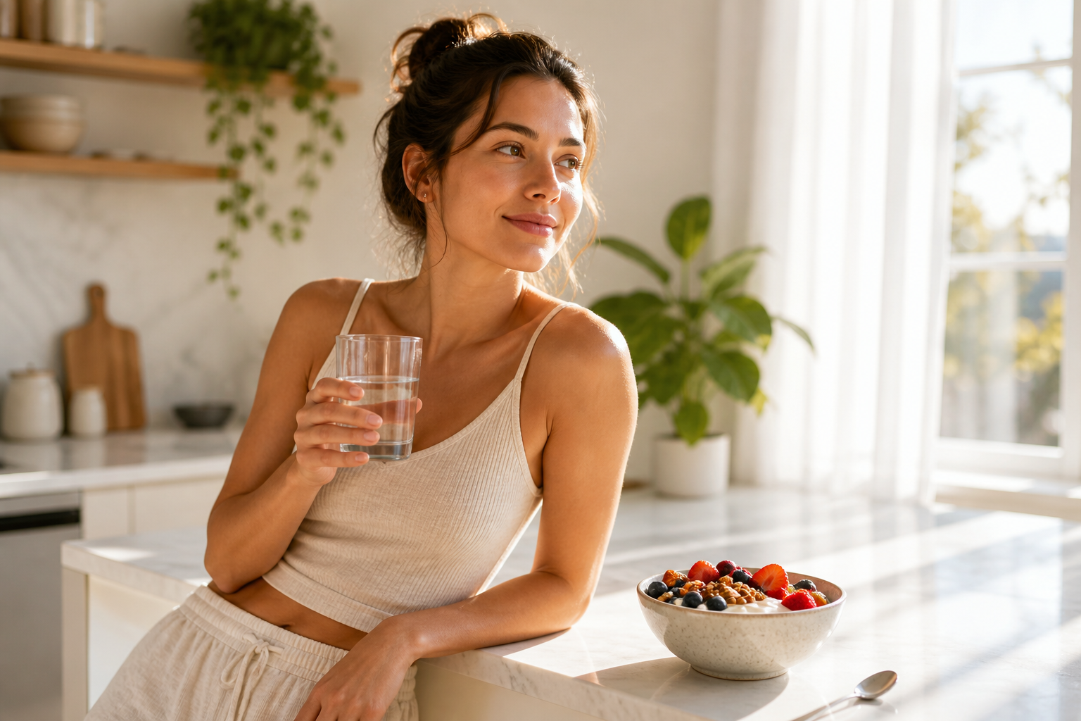 Woman in a bright kitchen with water, yogurt, berries, and fruit for gut health