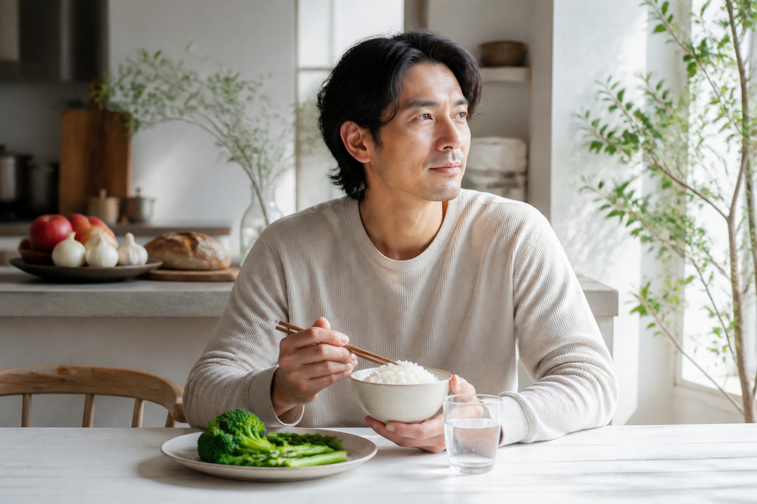 Sunlit wellness kitchen scene with a person at a simple gut-friendly breakfast table