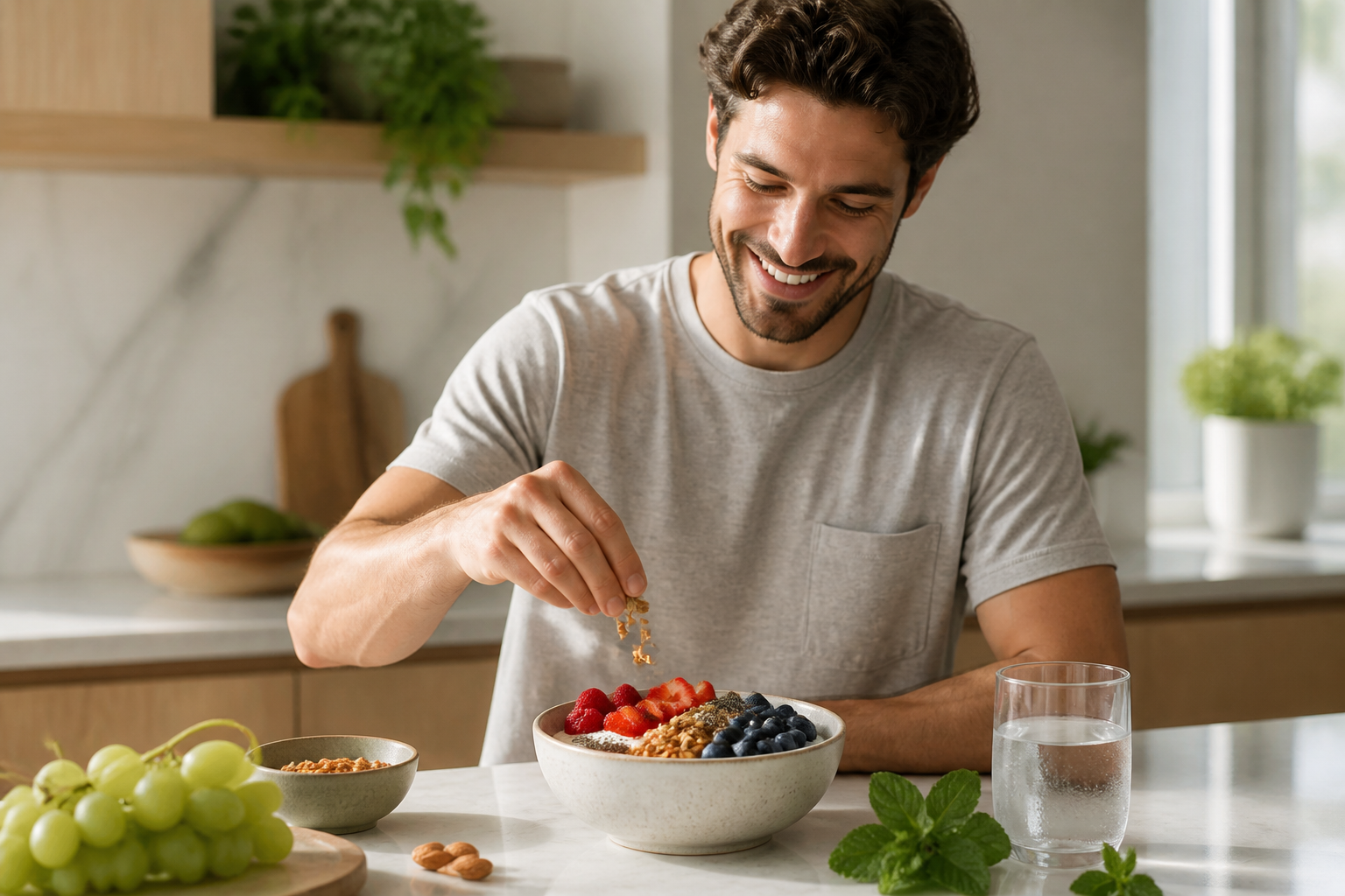 Bright lifestyle photo of a person preparing a healthy gut-friendly breakfast in a modern kitchen