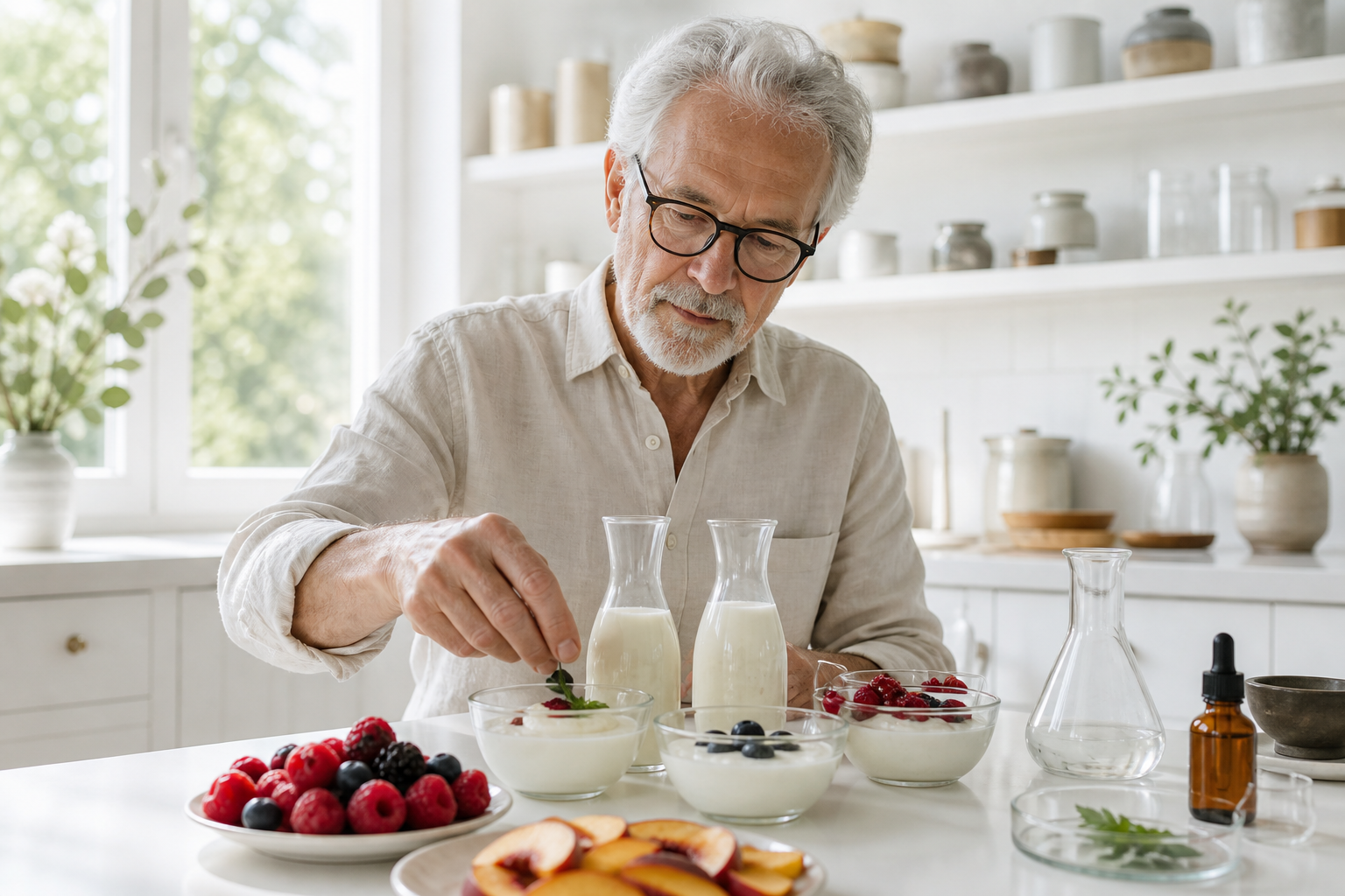 Modern kitchen scene with fermented foods and a scientist-inspired figure, suggesting gut-health research