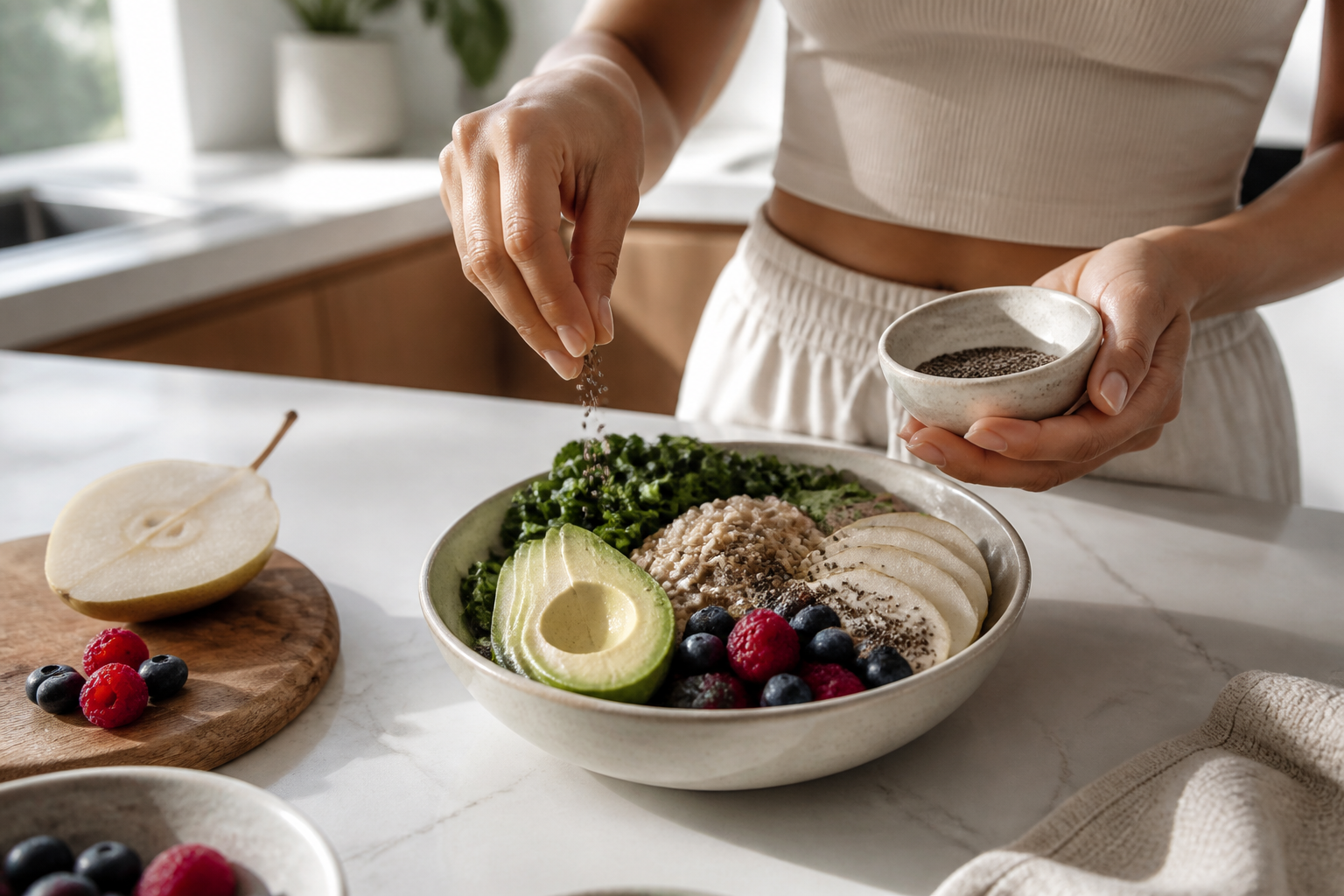 Bright editorial kitchen scene with fiber-rich foods for gut health