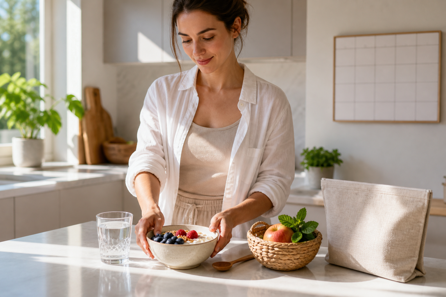 Modern wellness breakfast with fruit, yogurt, water, and a daily routine setup in a bright kitchen