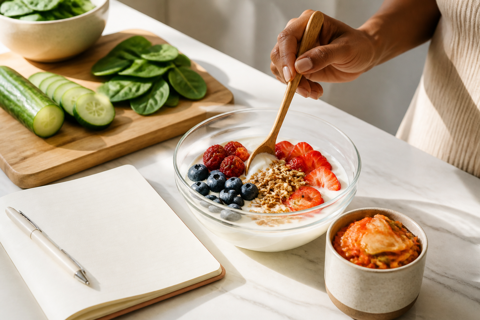 Bright wellness scene with yogurt, fruit, and fermented foods in a modern kitchen