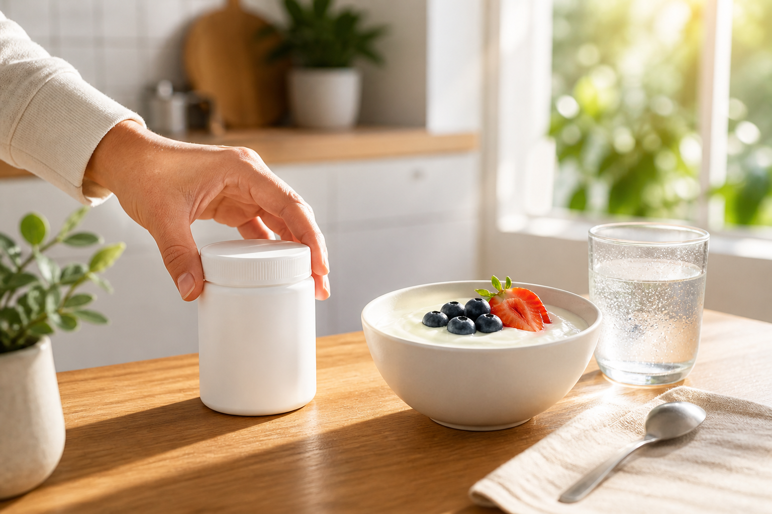 Sunlit kitchen scene with breakfast and an unbranded supplement container in a modern daily wellness routine