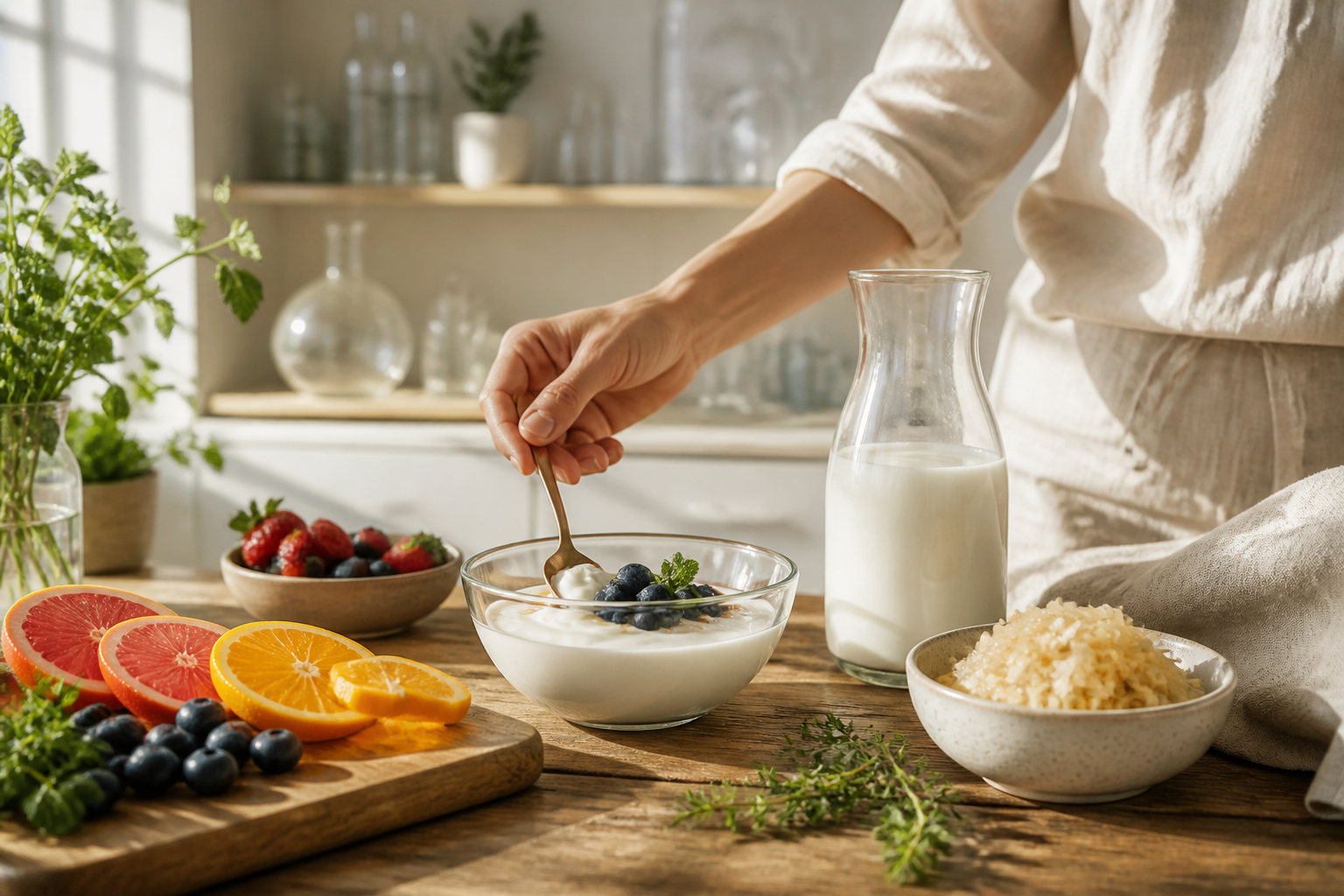 Sunlit kitchen scene with yogurt, kefir, and sauerkraut on a table