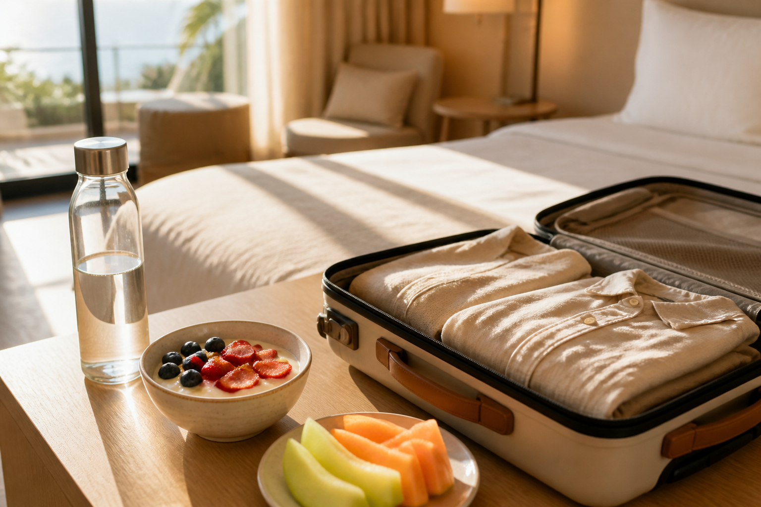 Traveler with water bottle and light breakfast in a bright hotel room