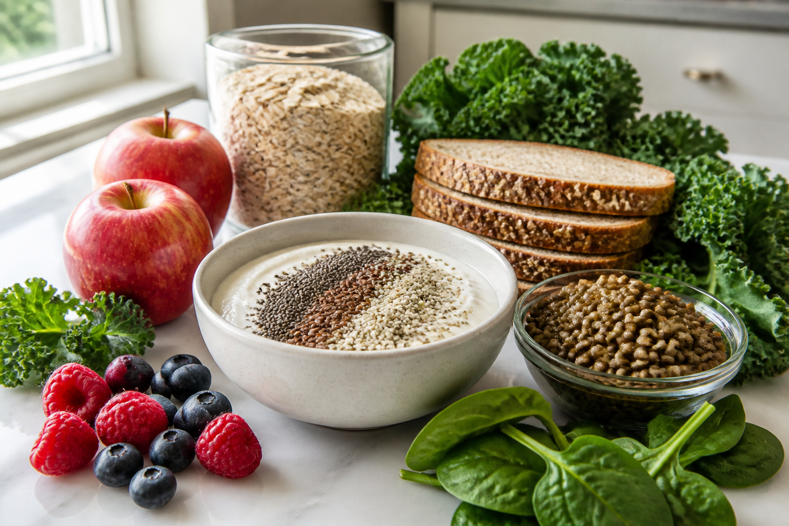 Fresh high-fiber foods on a bright kitchen counter for gut health