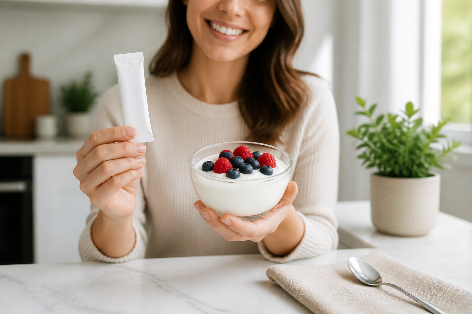 Bright wellness kitchen scene with probiotic sachet, yogurt, and fresh berries