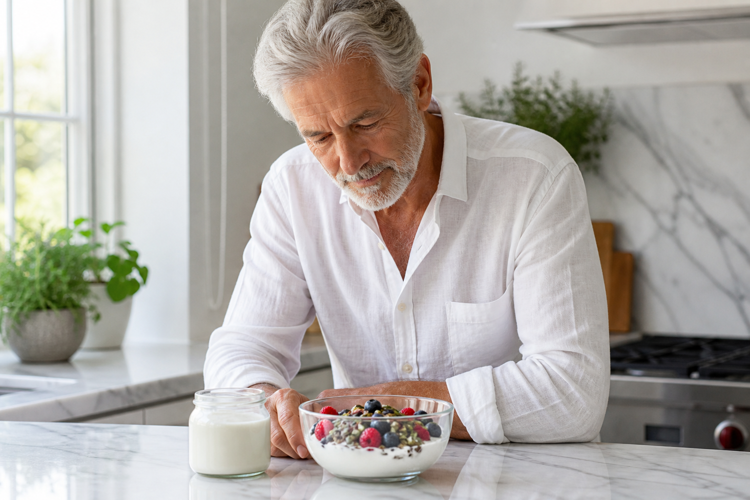 Modern editorial photo of a man with yogurt and fermented milk on a bright kitchen counter