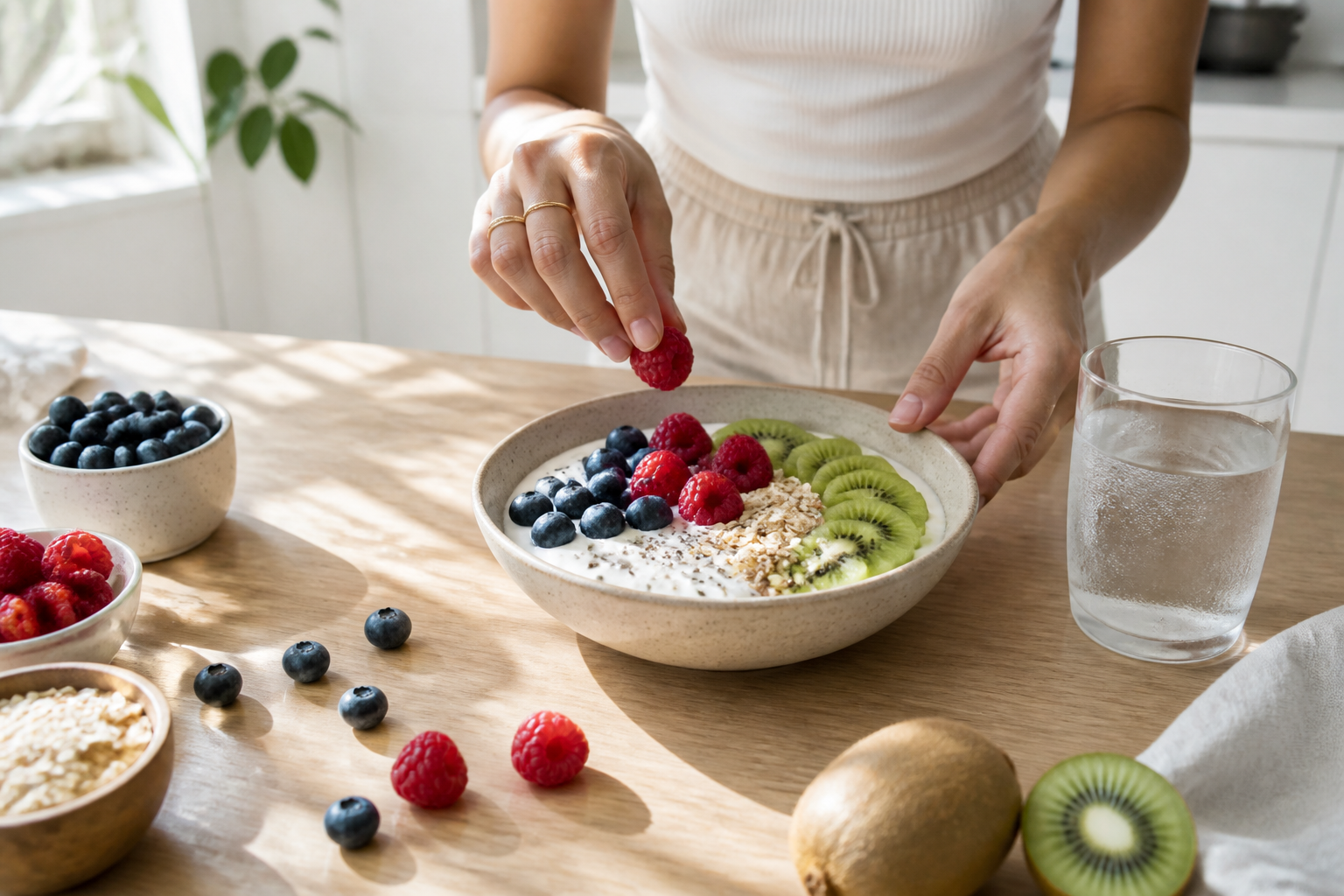 Bright editorial photo of a healthy breakfast with yogurt, fruit, oats, and water