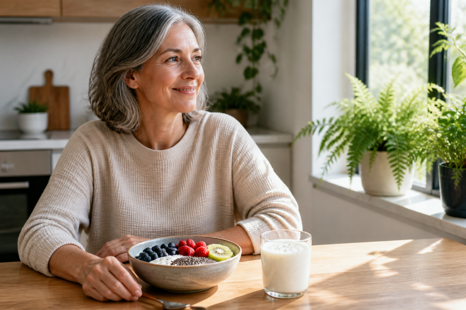 Bright lifestyle photo of a person eating yogurt with fruit beside kefir in a modern kitchen