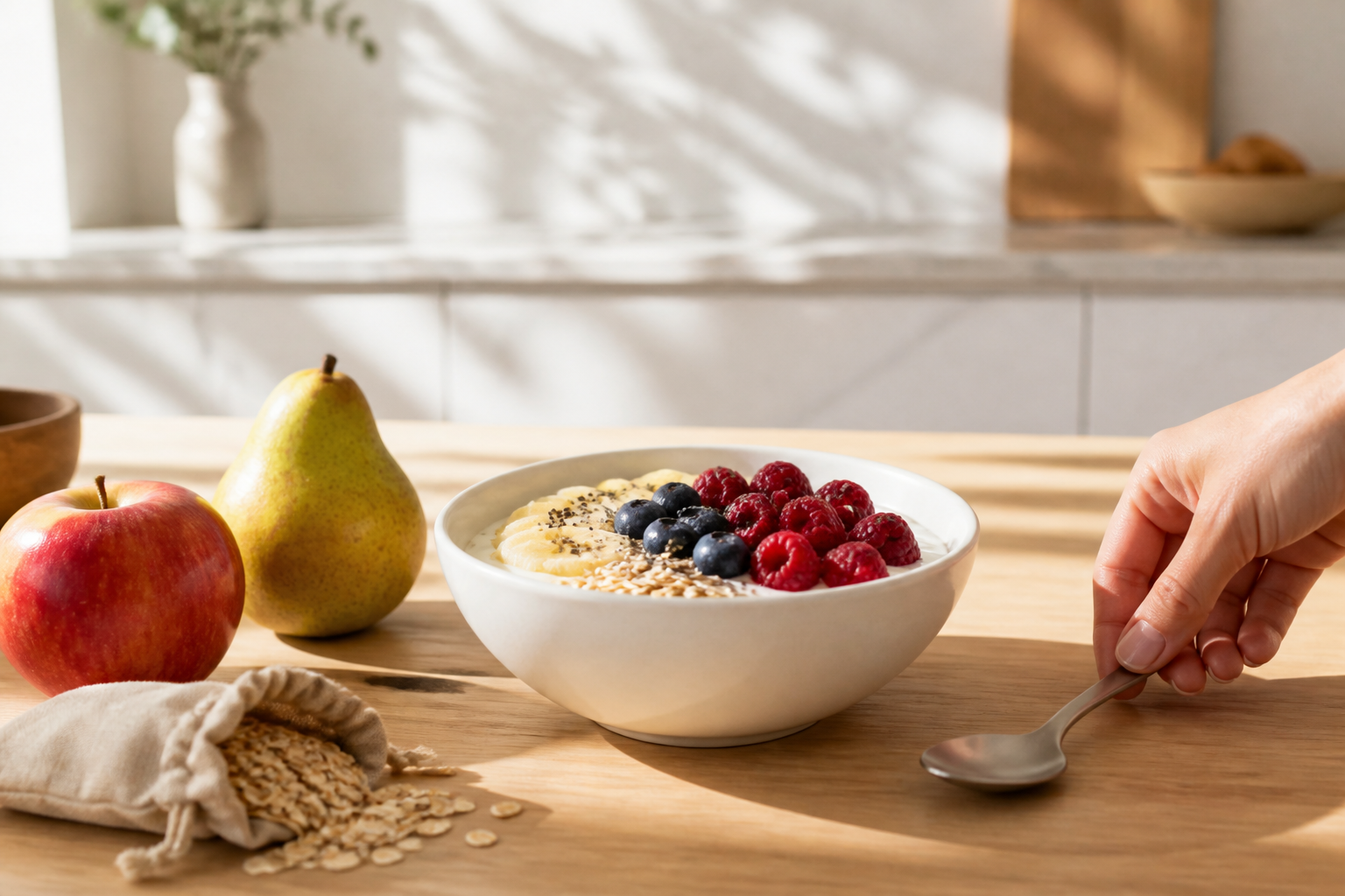 Fresh fiber-rich breakfast bowl with fruit, oats, and yogurt in a bright modern kitchen