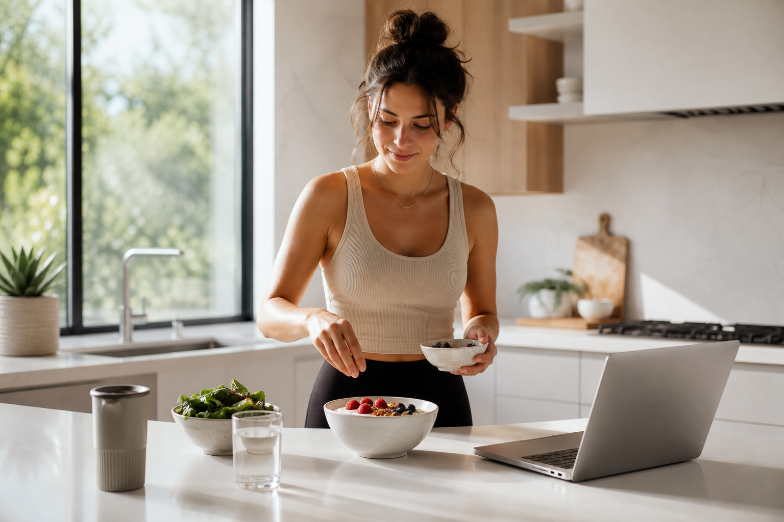 Sunlit modern kitchen with healthy breakfast, water, and balanced routine essentials