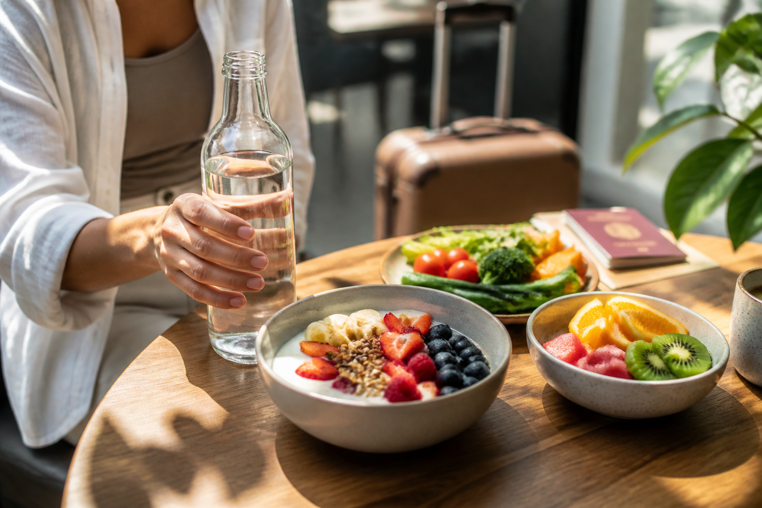 Traveler enjoying a healthy travel meal with water and fresh fruit in a bright café
