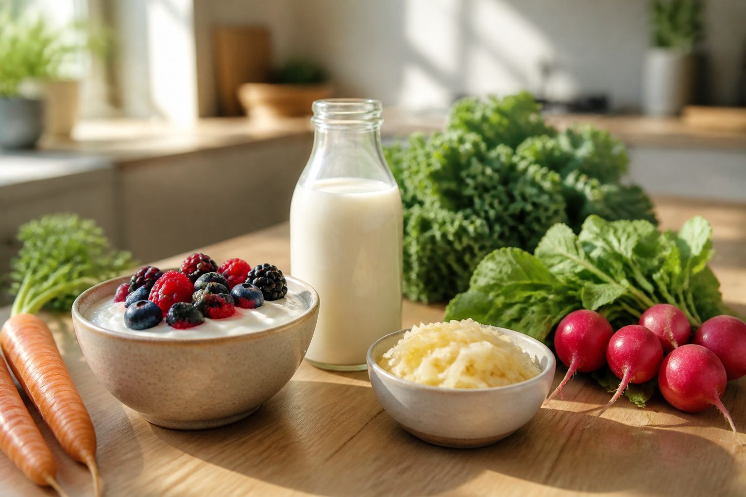 Bright editorial photo of yogurt, kefir, and fermented vegetables on a modern kitchen table