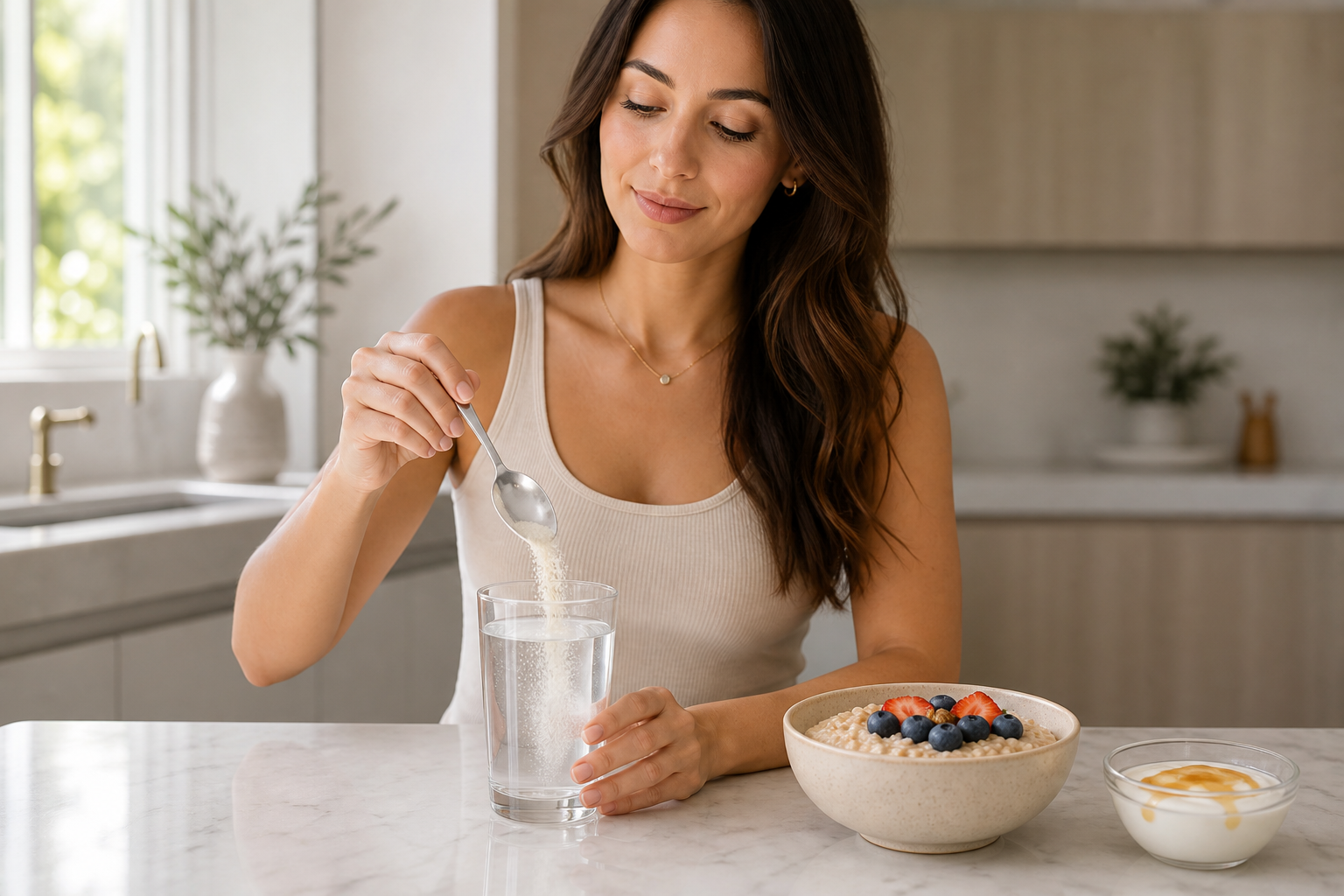Sunlit kitchen scene of an adult preparing a daily gut-health supplement with breakfast
