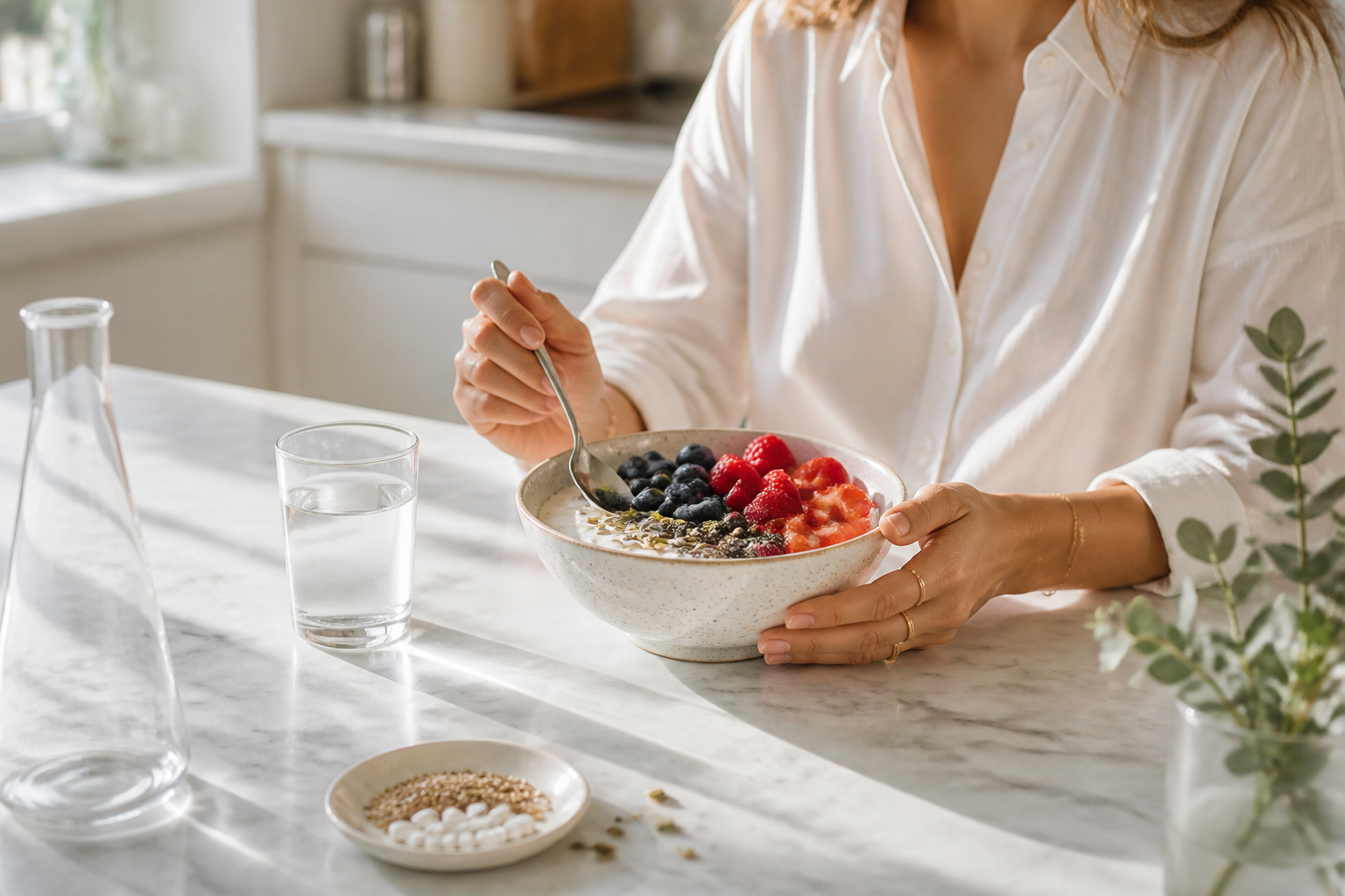 Fresh breakfast bowl and yogurt in a bright modern kitchen, suggesting gut health and microbiome wellness