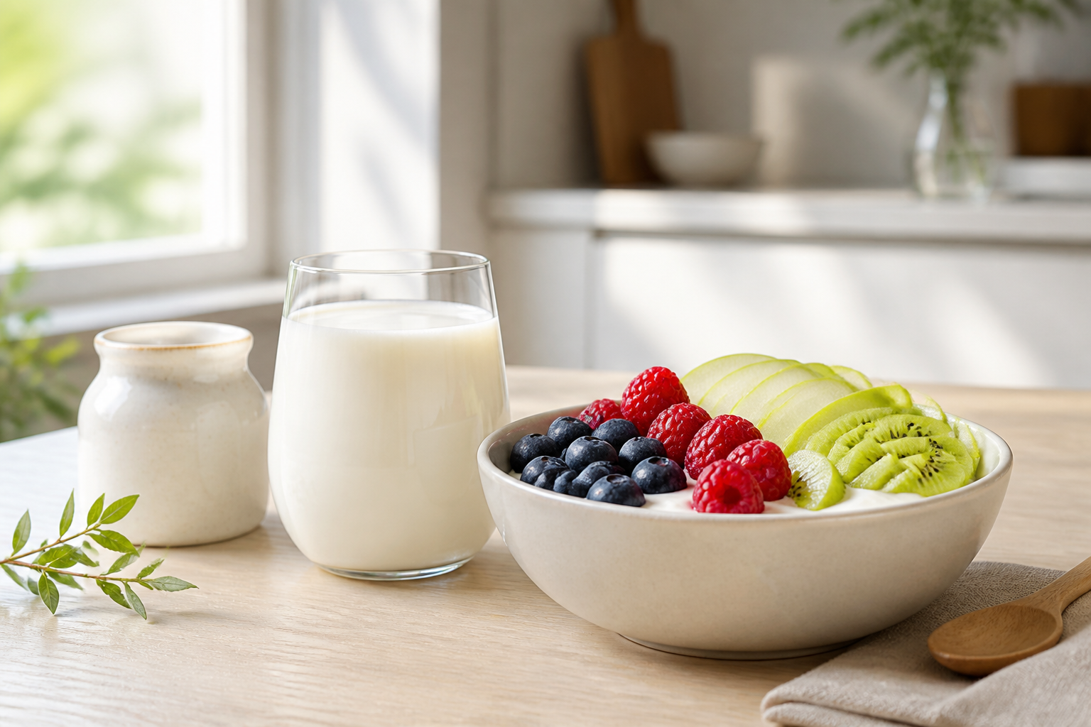 Fermented yogurt drink and fresh berries on a bright modern breakfast table