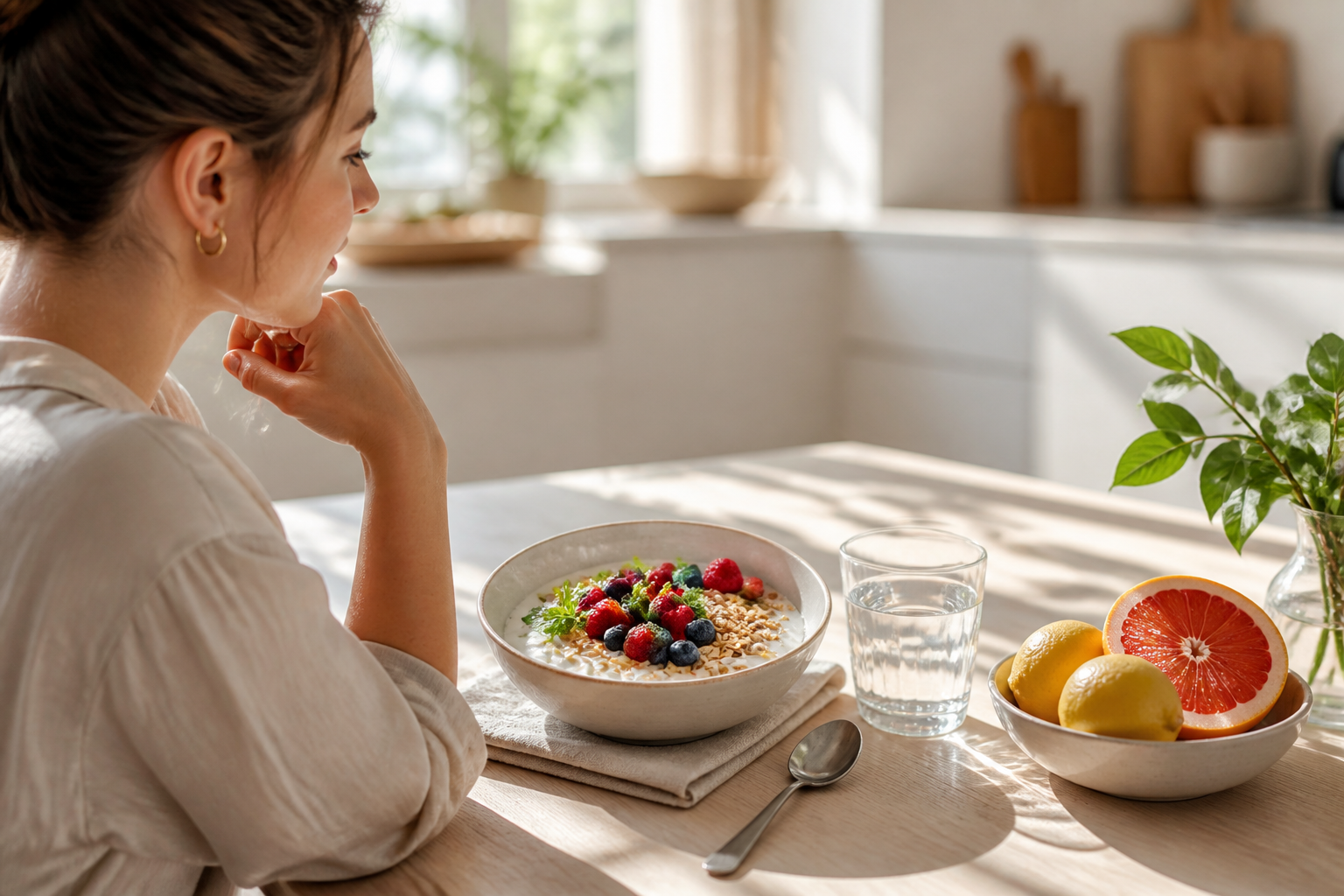 Sunlit wellness scene with yogurt, berries, oats, and water on a modern kitchen table