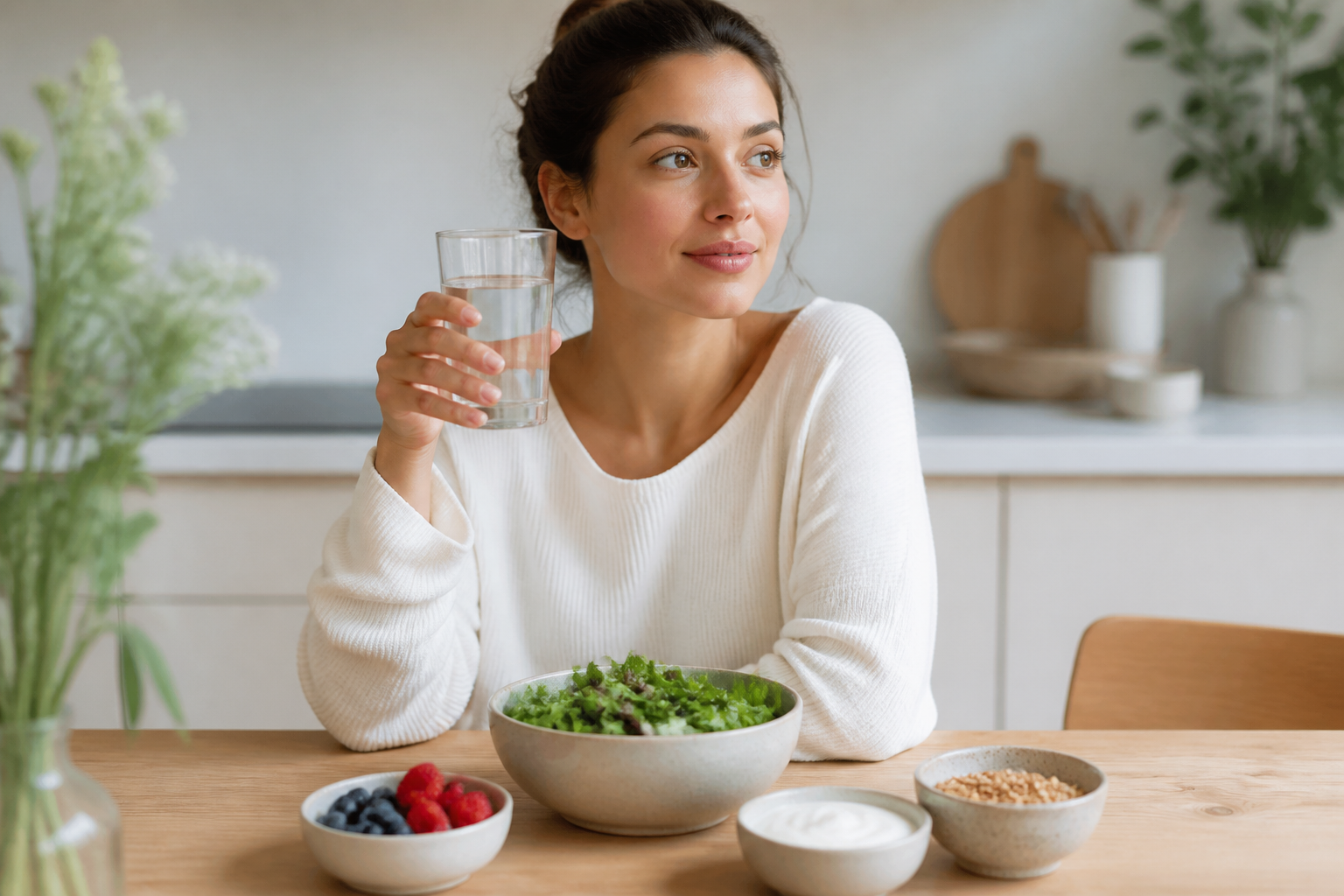 Bright wellness scene with fresh foods and water suggesting gut health and balance