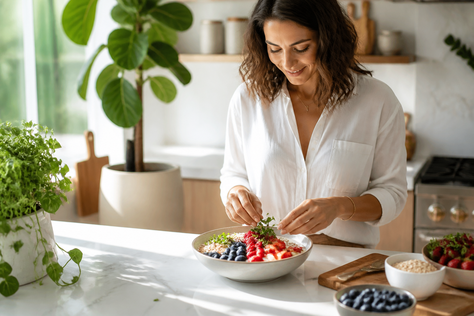 Sunlit wellness kitchen with gut-friendly breakfast ingredients and a relaxed person preparing food