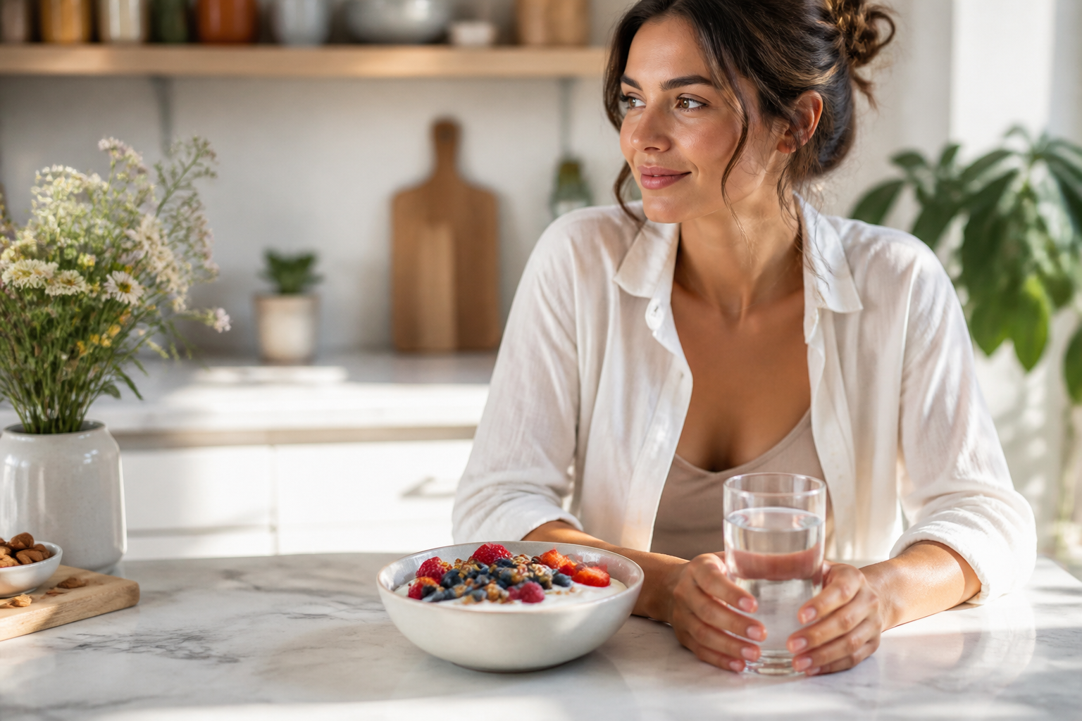 Sunlit wellness scene with woman, yogurt bowl, berries, and fresh ingredients for gut health