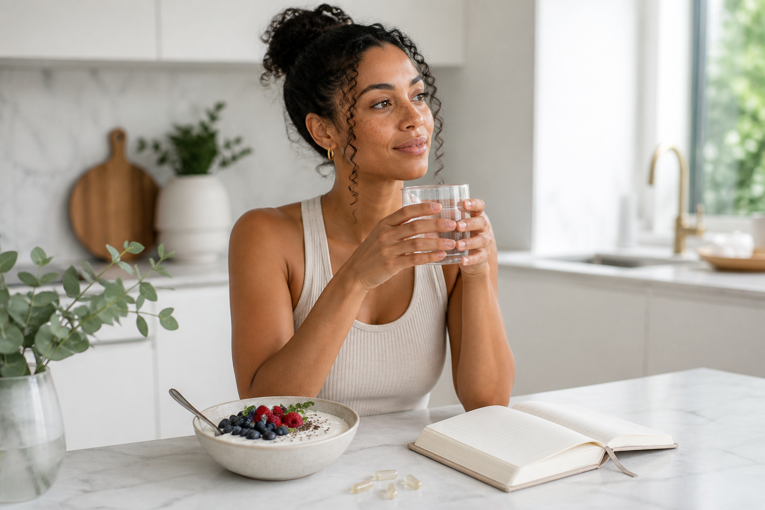 Bright editorial scene of a woman with gut-health foods and unbranded probiotic capsules