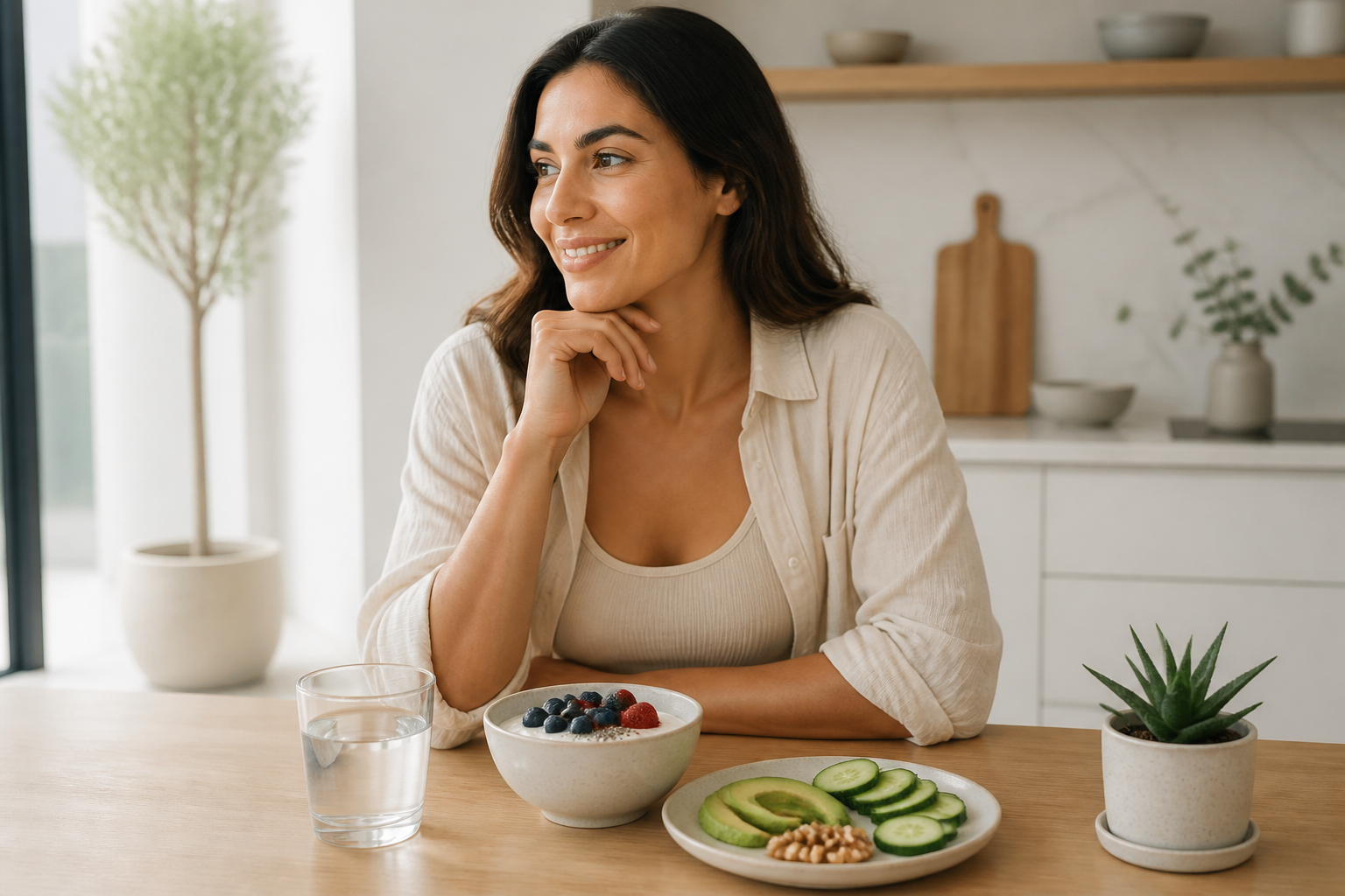 Bright wellness photo of a woman enjoying a gut-friendly breakfast in a modern kitchen