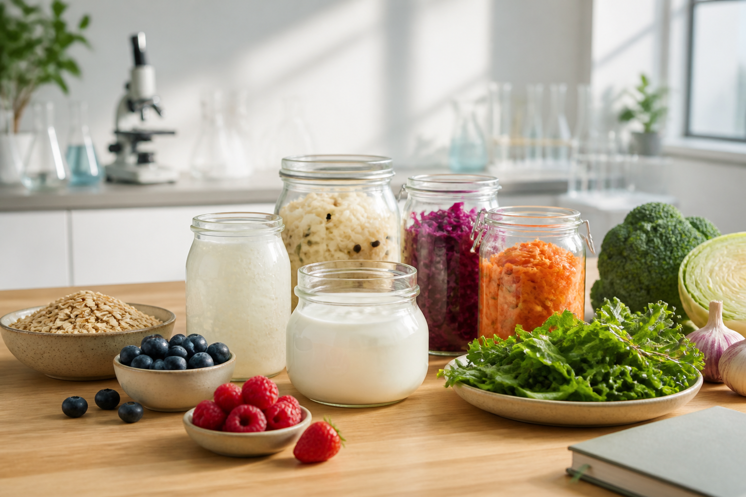 Bright probiotic wellness still life with fermented foods, fresh produce, and a clean modern kitchen-lab background