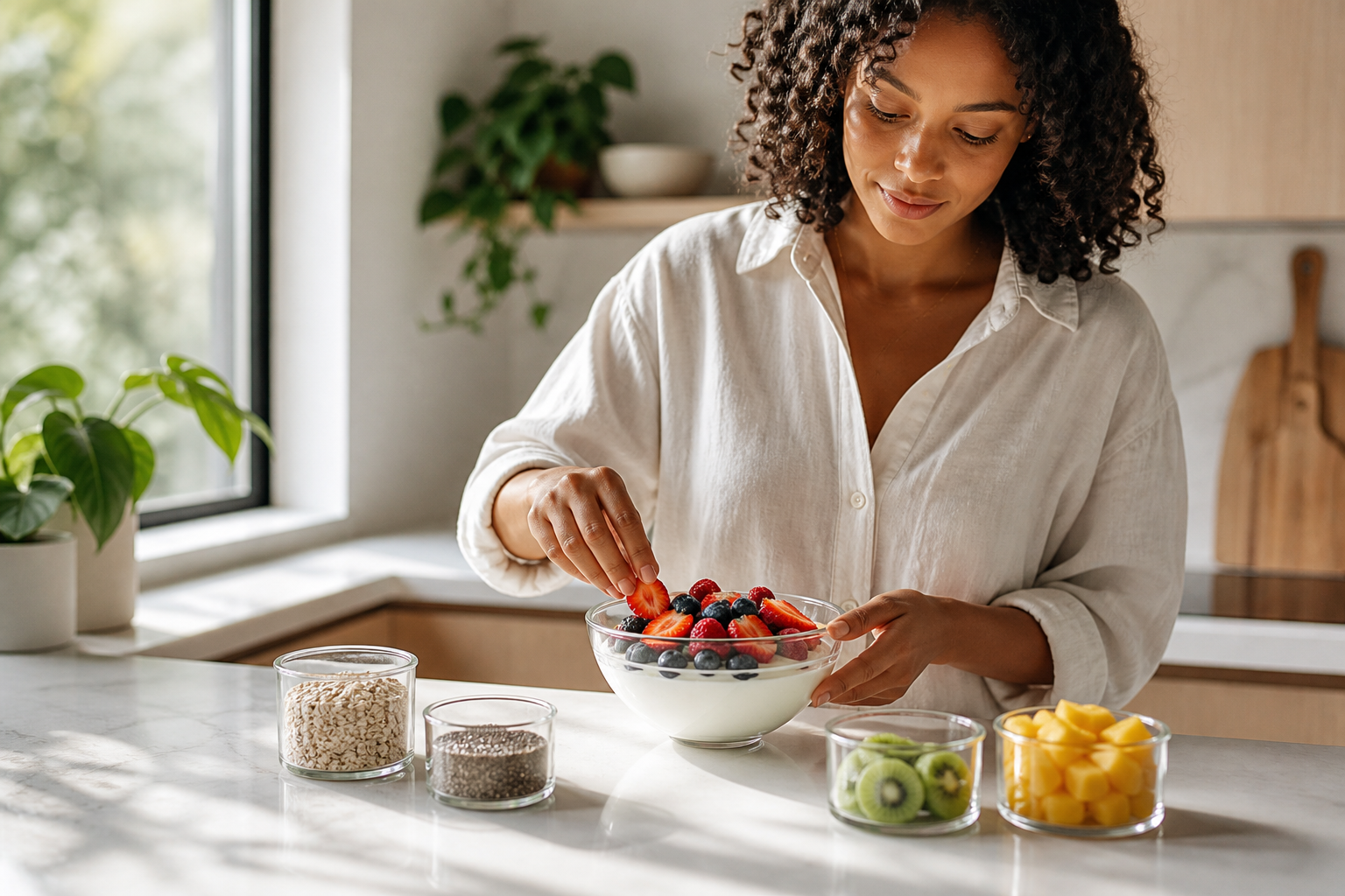 Bright wellness kitchen scene with yogurt, fruit, and a person preparing a healthy breakfast